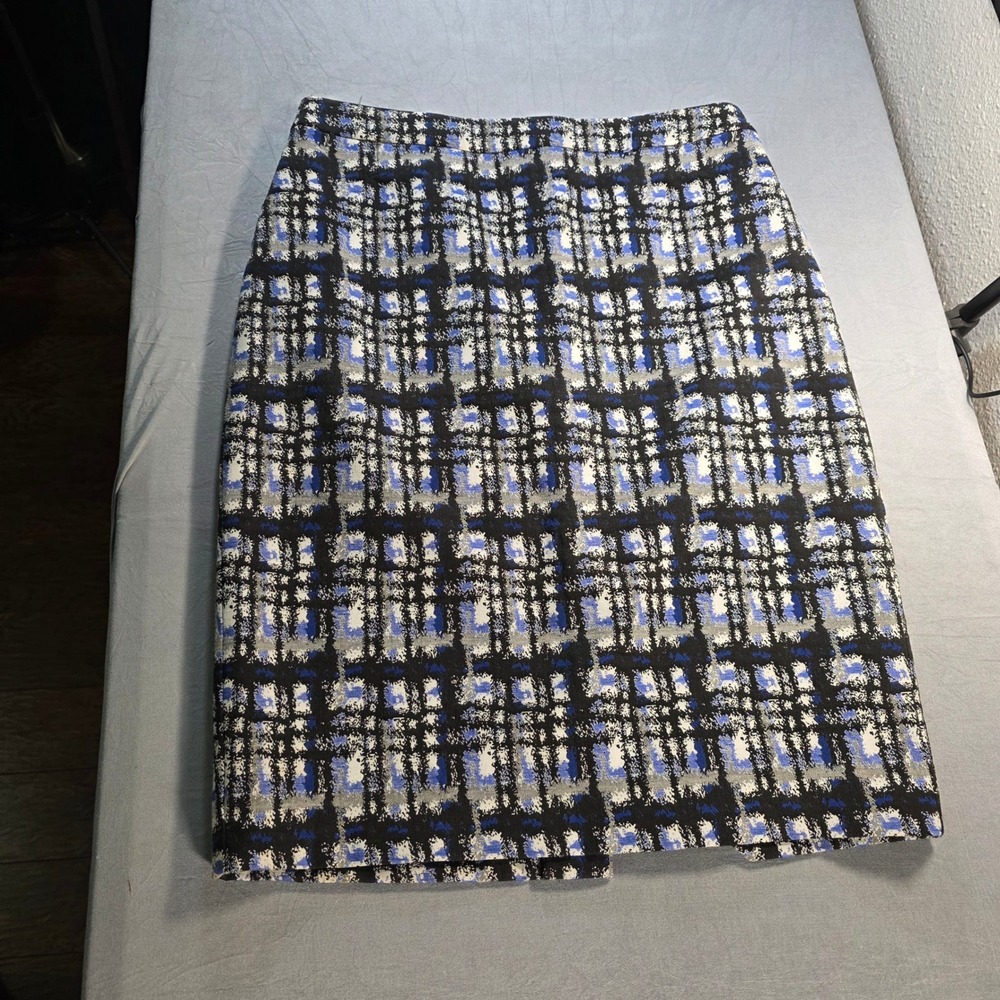 Calvin Klein‎ Blue Black White Abstract Plaid Pencil Skirt Size 4 Lined Workwear